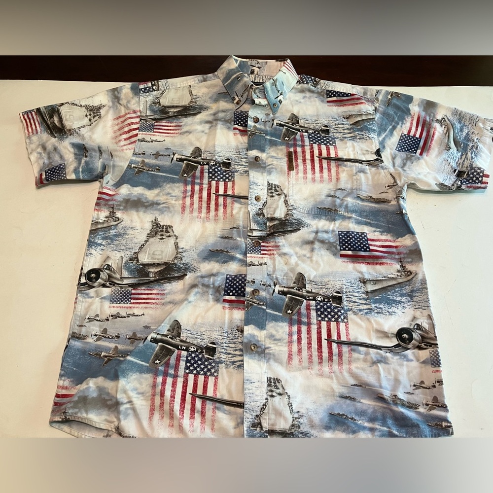 North River Button Shirt Planes Military USA Flag Short Sleeve Men Medium